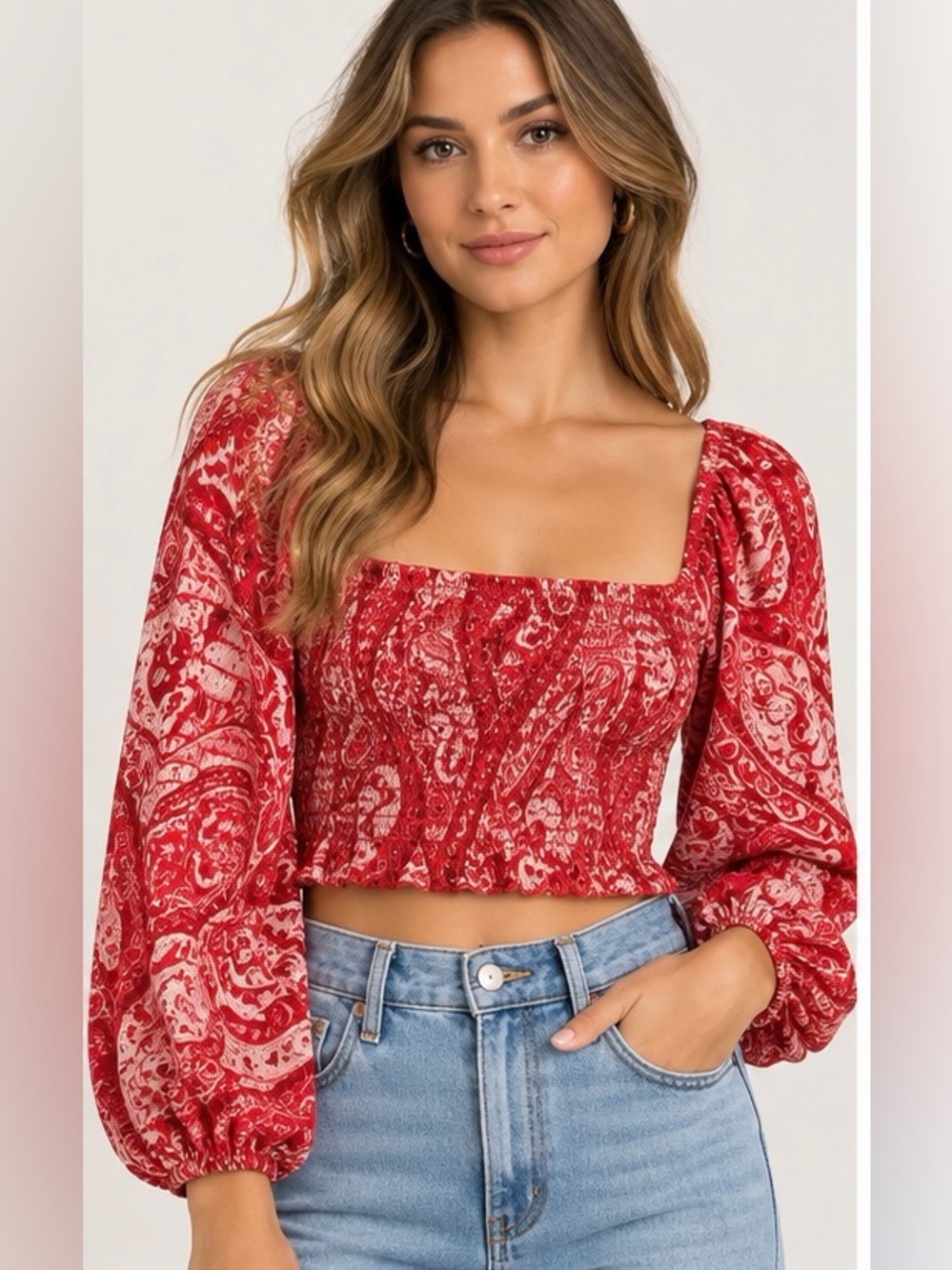 Shore Red Paisley Smocked Crop Top S Balloon Sleeve Made USA Boho